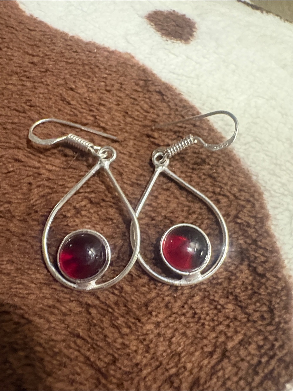 Sterling Silver Teardrop Earrings with Red Glass Cabochons